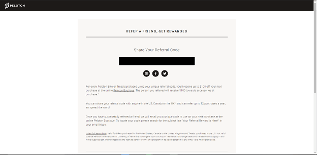 Screenshot of your referral page on the Peloton website to find your Peloton referral code.