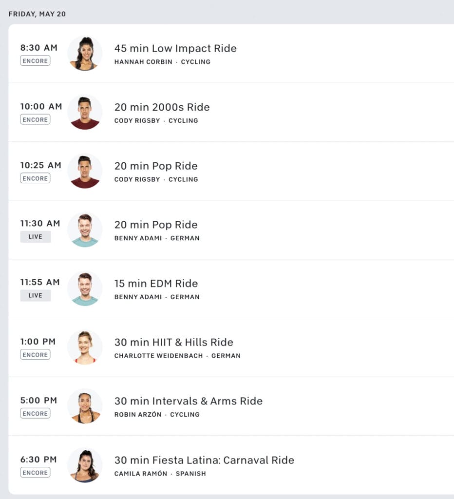Screenshot of the Peloton live ride class schedule for May 20th, 2022.