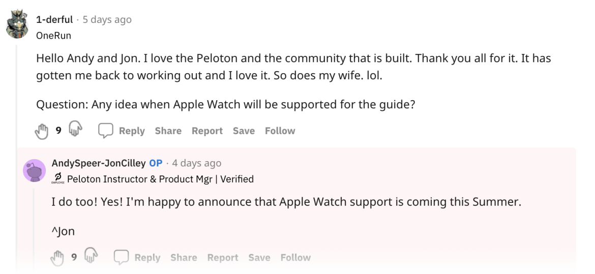 Jon Cilley Reddit comment regarding Apple Watch integration with Peloton Guide.