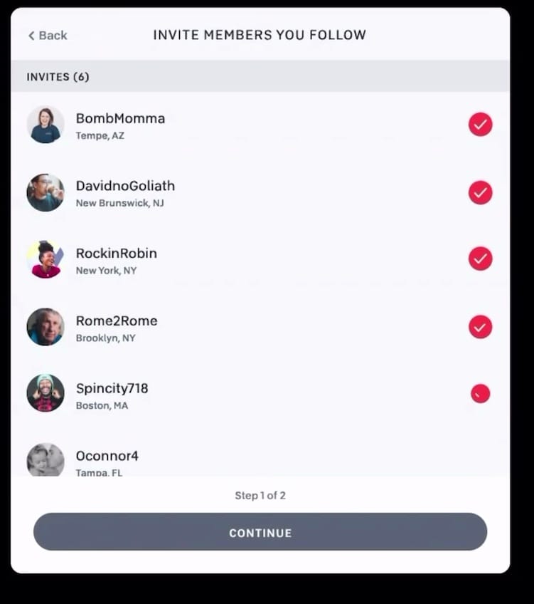 You pick which members you follow to invite from a list. Image credit Peloton Keynote.