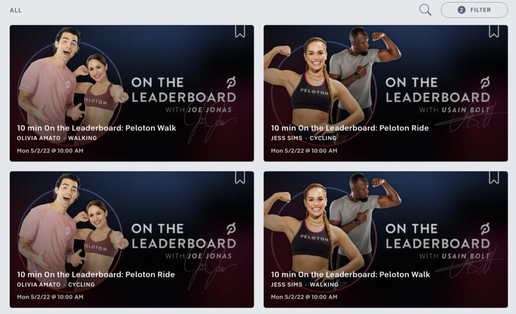 Screenshot of On the Leaderboard classes available as Peloton classes now.