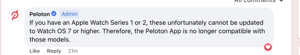 Statement from Peloton on social media about Apple Watch Series 1 & 2.