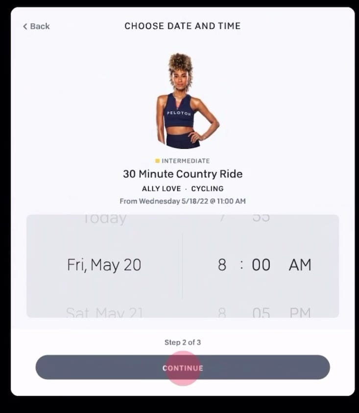 You select a specific date and time. Image credit Peloton Keynote.