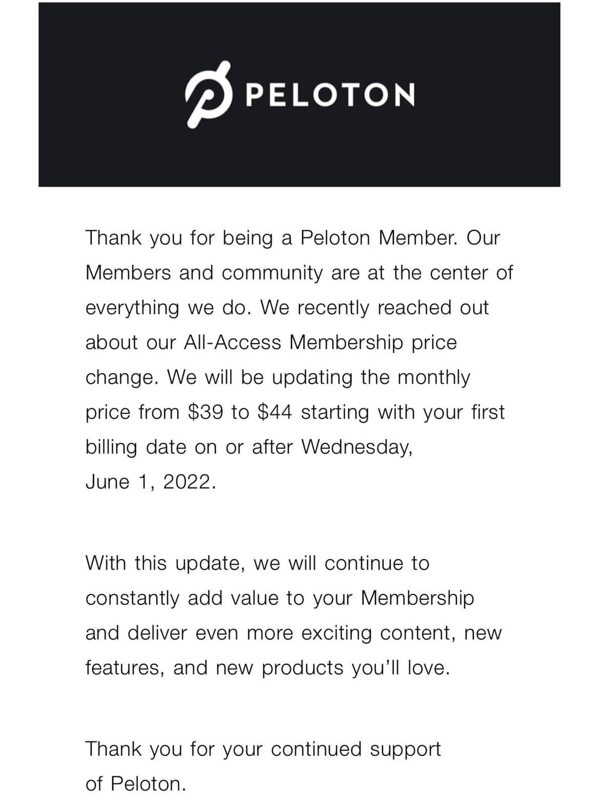 Peloton's price increase reminder email.