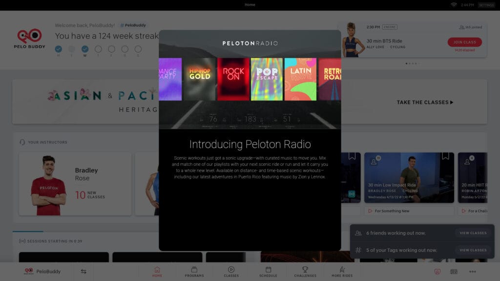 Popup advertising the new Peloton Radio feature.