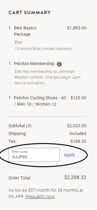 Screenshot of applying a Peloton referral code at checkout.