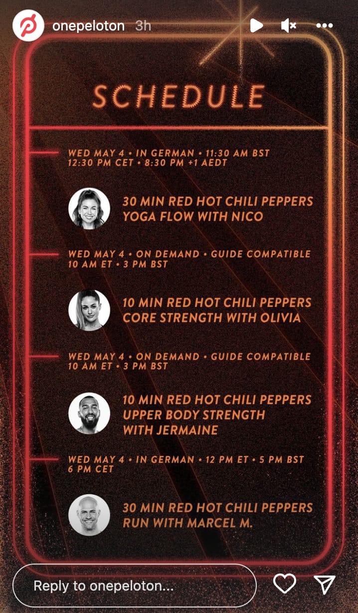 Peloton Red Hot Chili Peppers schedule. Image credit Peloton social media.