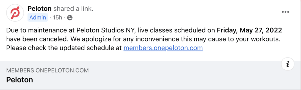  Peloton announcement on the Facebook Official Peloton Member Page.