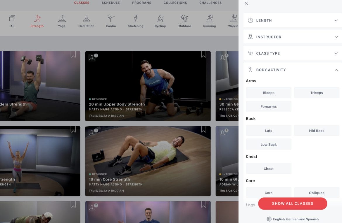 Body Filter feature on Peloton web browser in strength modality.