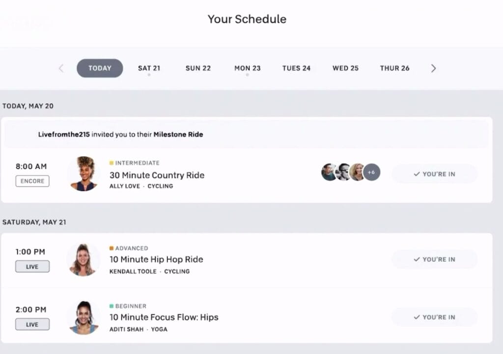 The Your Schedule page is being updated to show your invited classes, and who is attending. Image credit Peloton Keynote.