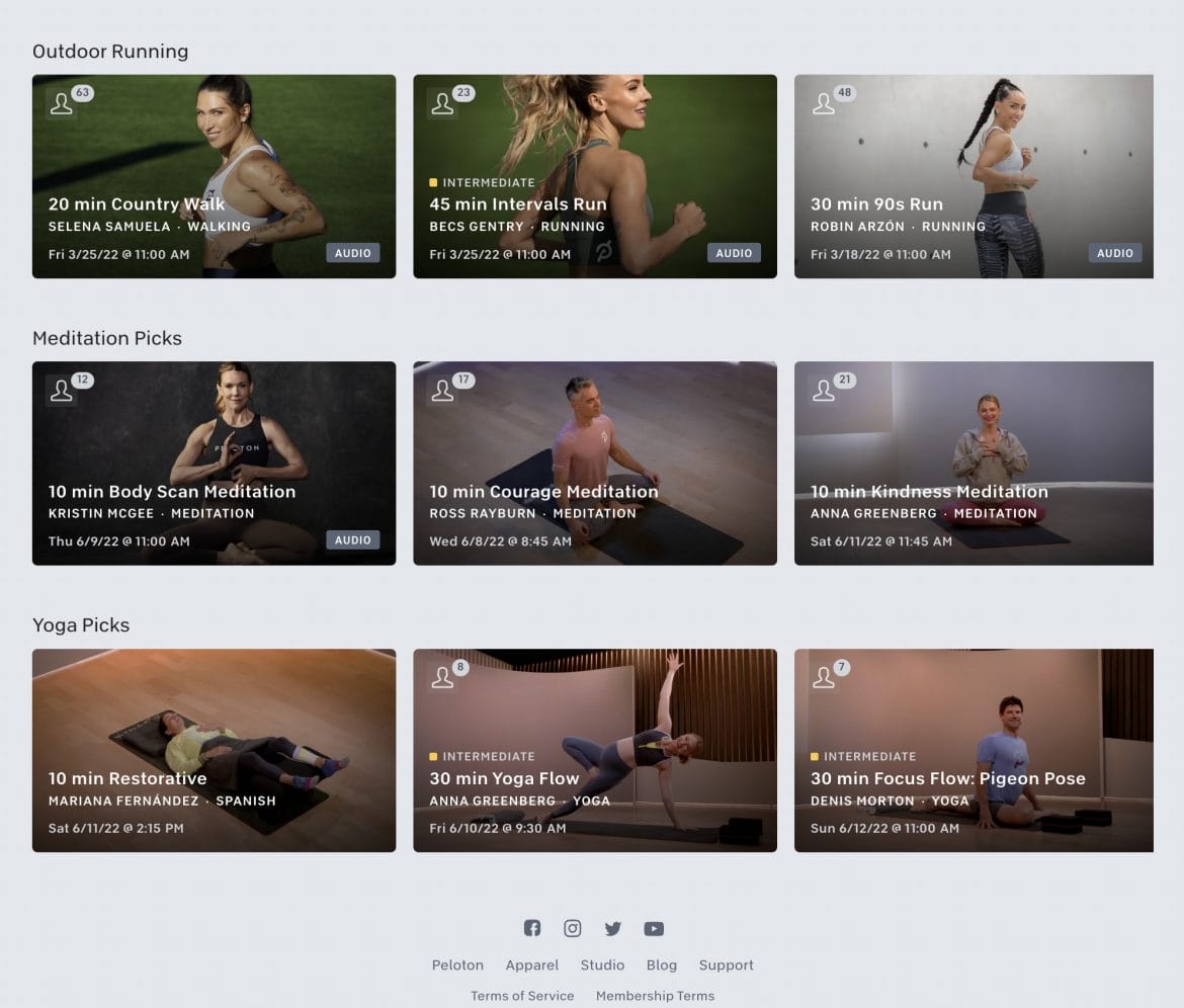 Outdoor, meditation, and yoga highlights on updated Peloton web browser home tab.
