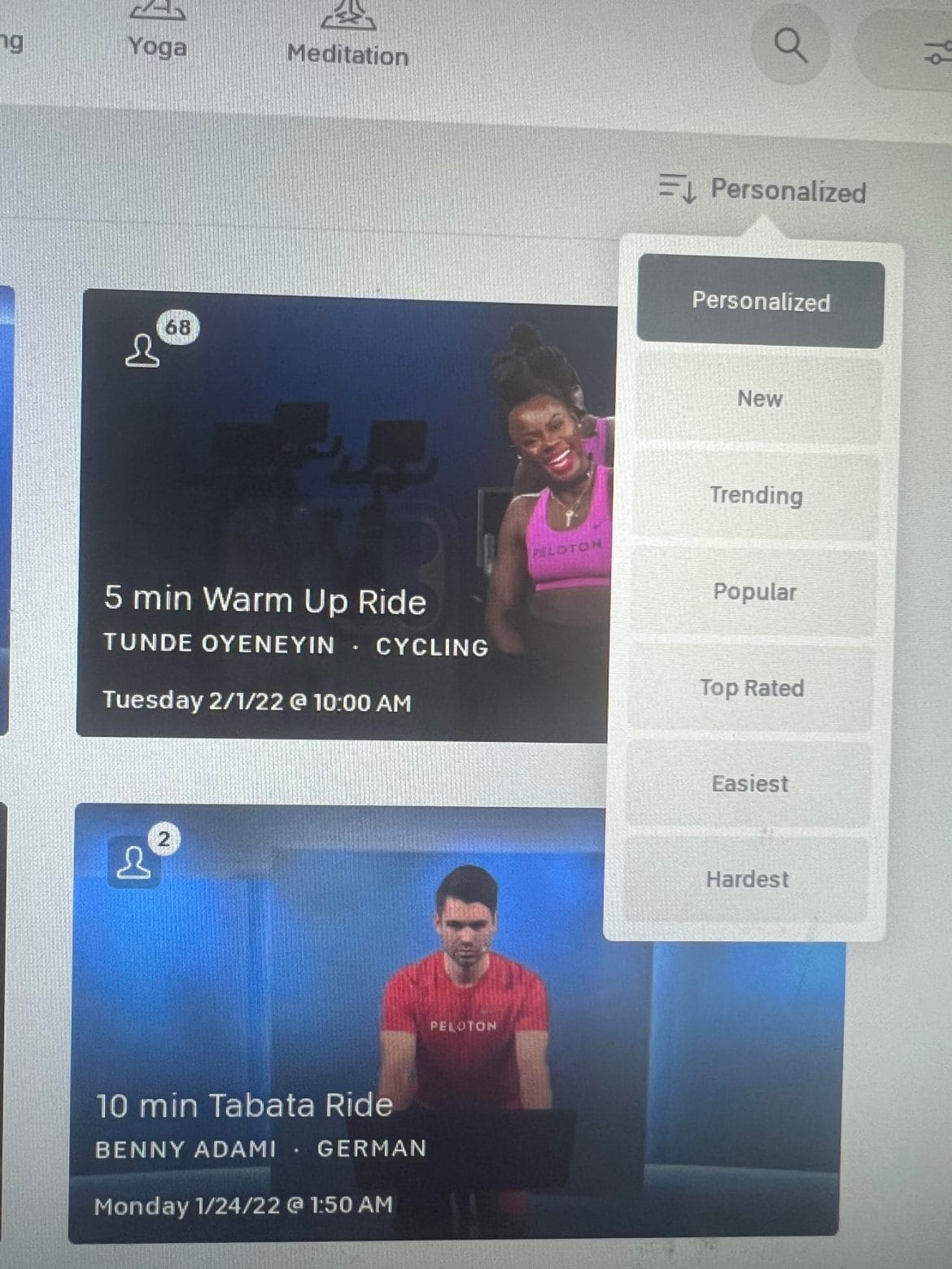 New default "personalized" sort order on Peloton Bike.