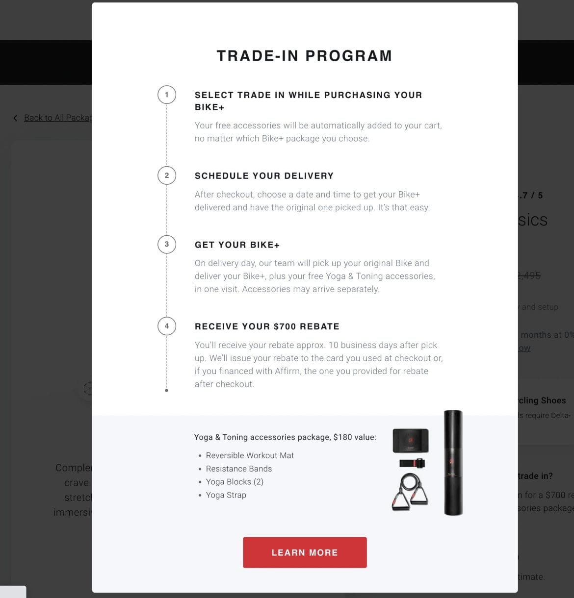 Overview of Bike+ trade-in program via Peloton website.