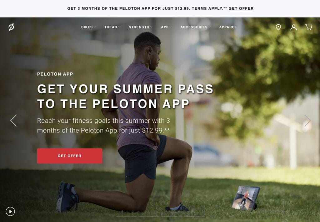 Screenshot of Peloton website with Summer Pass offer.