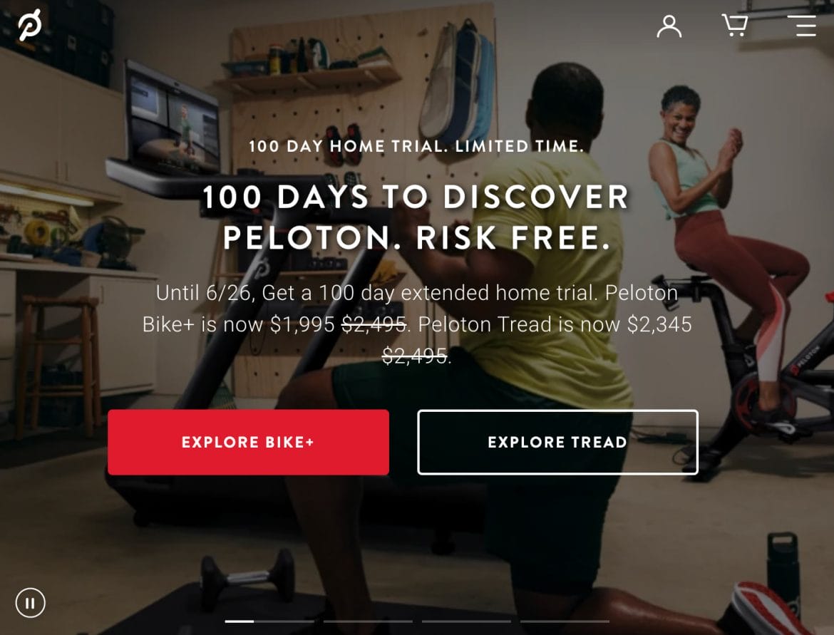 Peloton home page promoting limited time 100 day home trial.