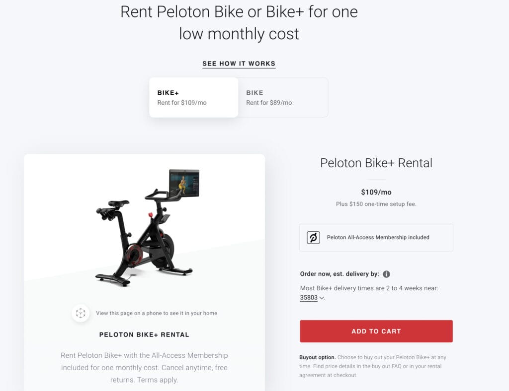 Screenshot of checking out on the One Peloton Club rental online.
