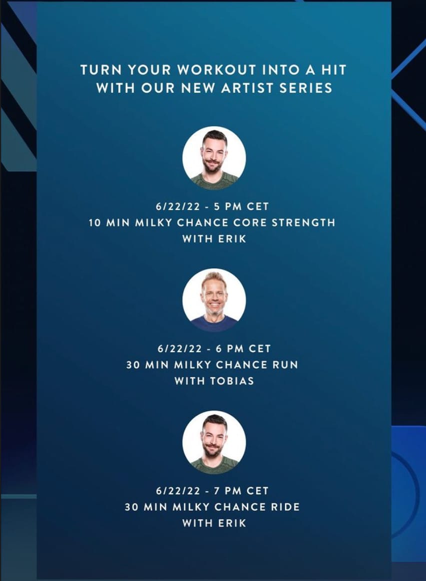 Milky Chance artist series class schedule. Image credit Peloton social media.