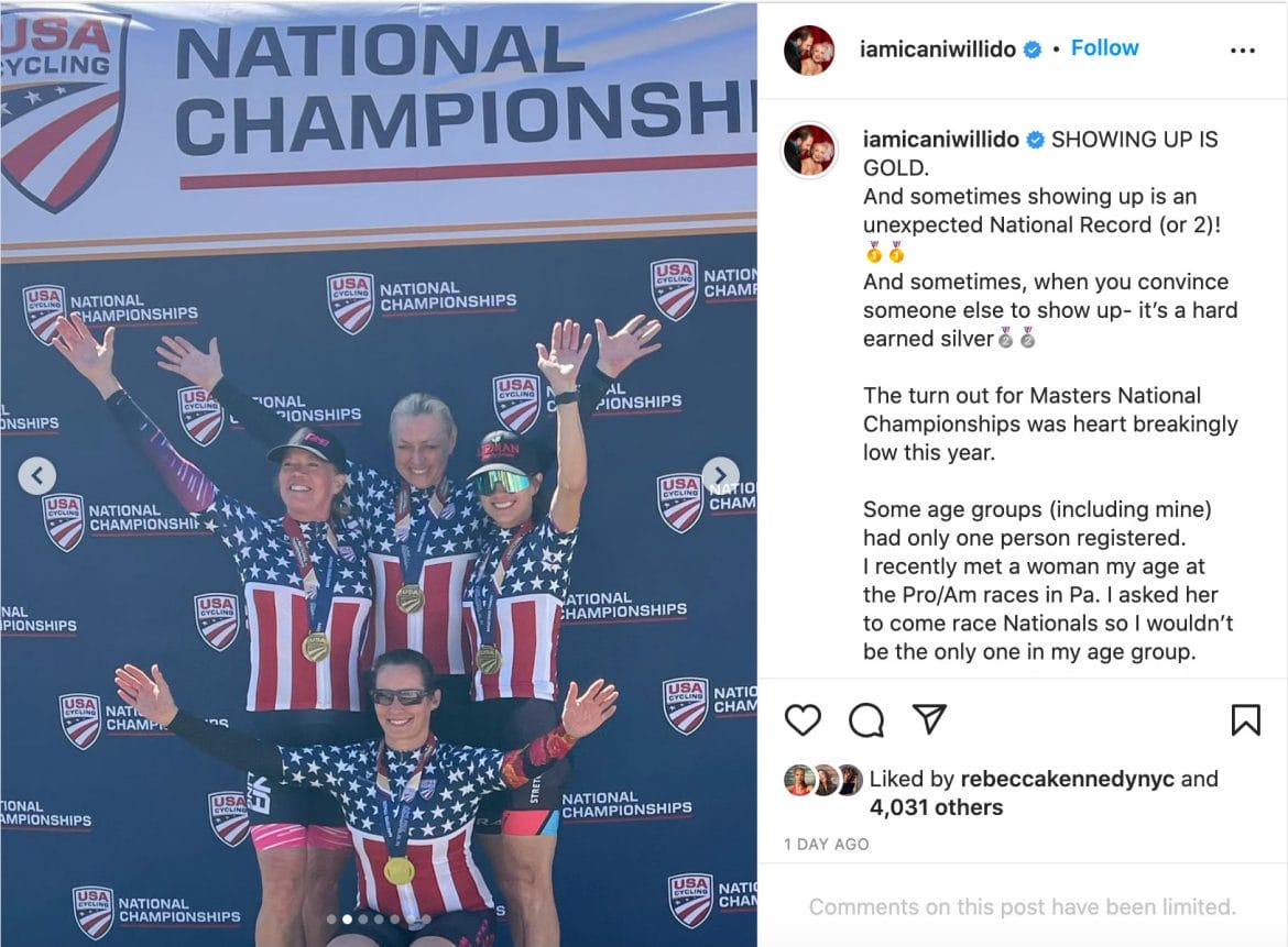 Christine D'Ercole's Instagram post about the USA Cycling National Championships event. 