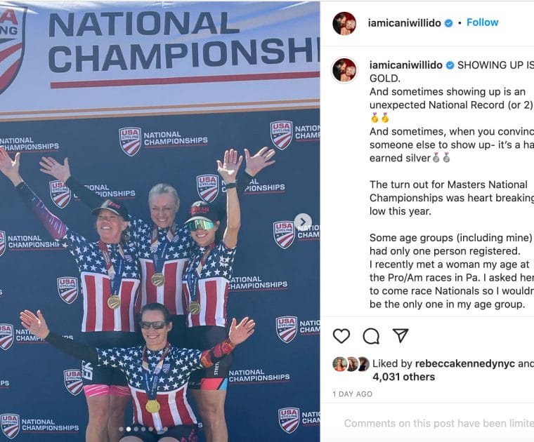 Christine D'Ercole's Instagram post about the USA Cycling National Championships event.