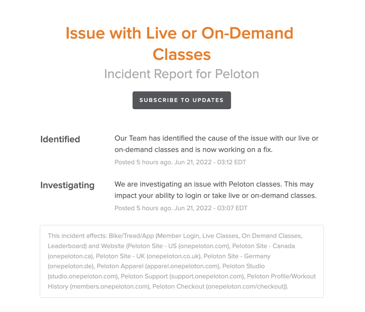 Peloton status page incident report.