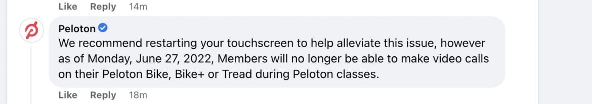 Peloton's reply comment to a post in the Official Peloton Member Facebook page.