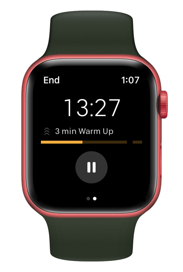 Apple Watch display showing progression through warm up of Peloton class.