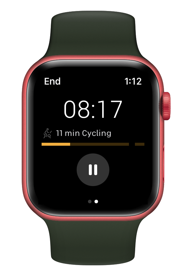 Apple Watch display showing progression through cycling segment of Peloton class.