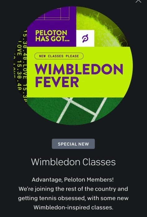 Peloton Wimbledon pop-up on the Peloton App.