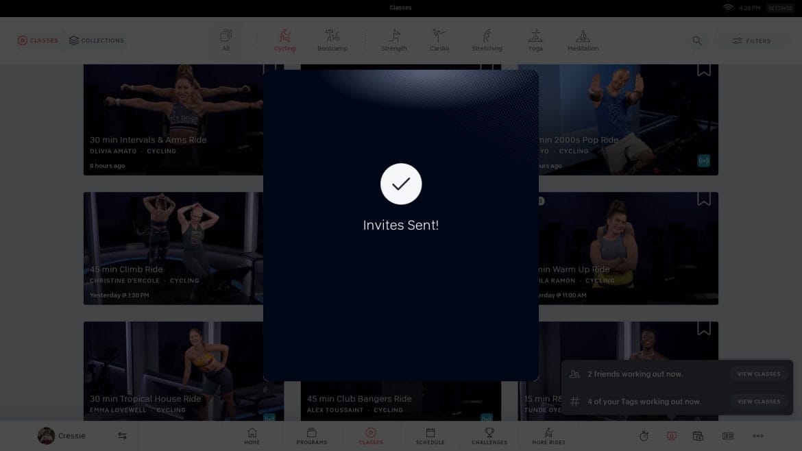 "Invites sent" confirmation message on Peloton Bike.