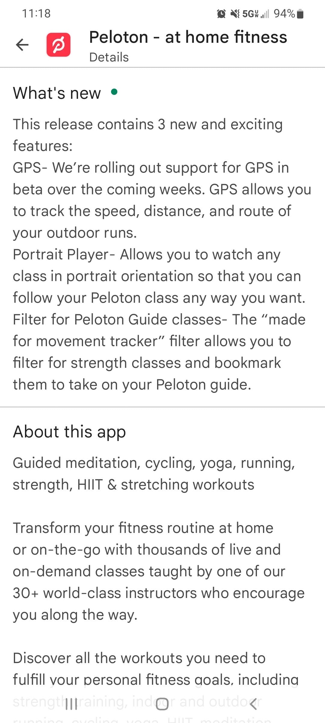 Peloton Android App update notes.