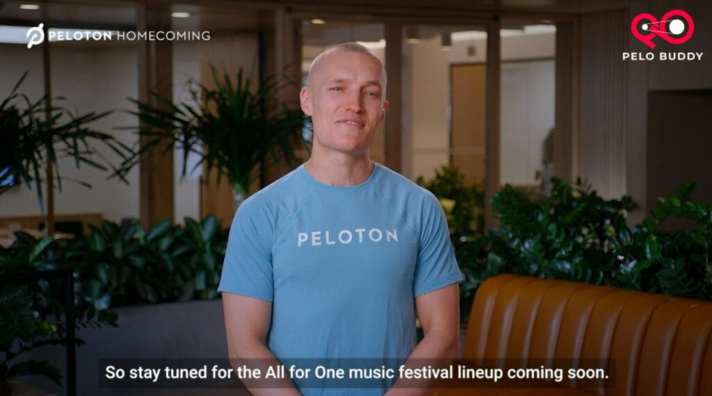 Matt Wilpers discussing All for One during Peloton Homecoming keynote.