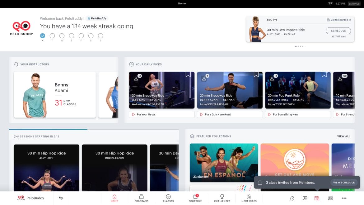 Peloton Bike homepage showing invitations at bottom of the screen.