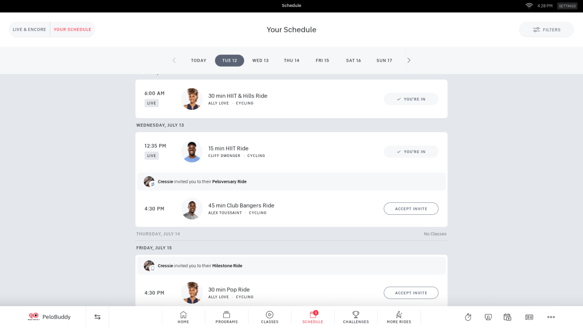 "Your" schedule on Peloton Bike showing multiple invites from friends.