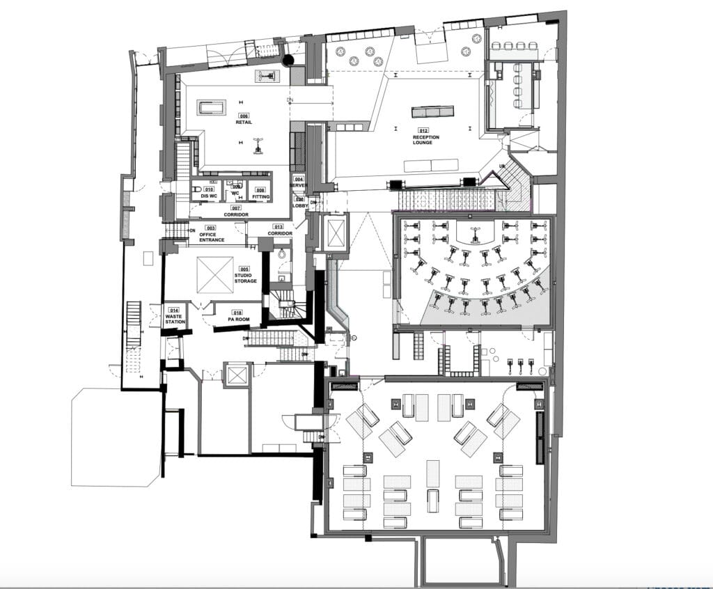 New proposed ground floor plan of Peloton Studios London (PSL) with added retail space.
