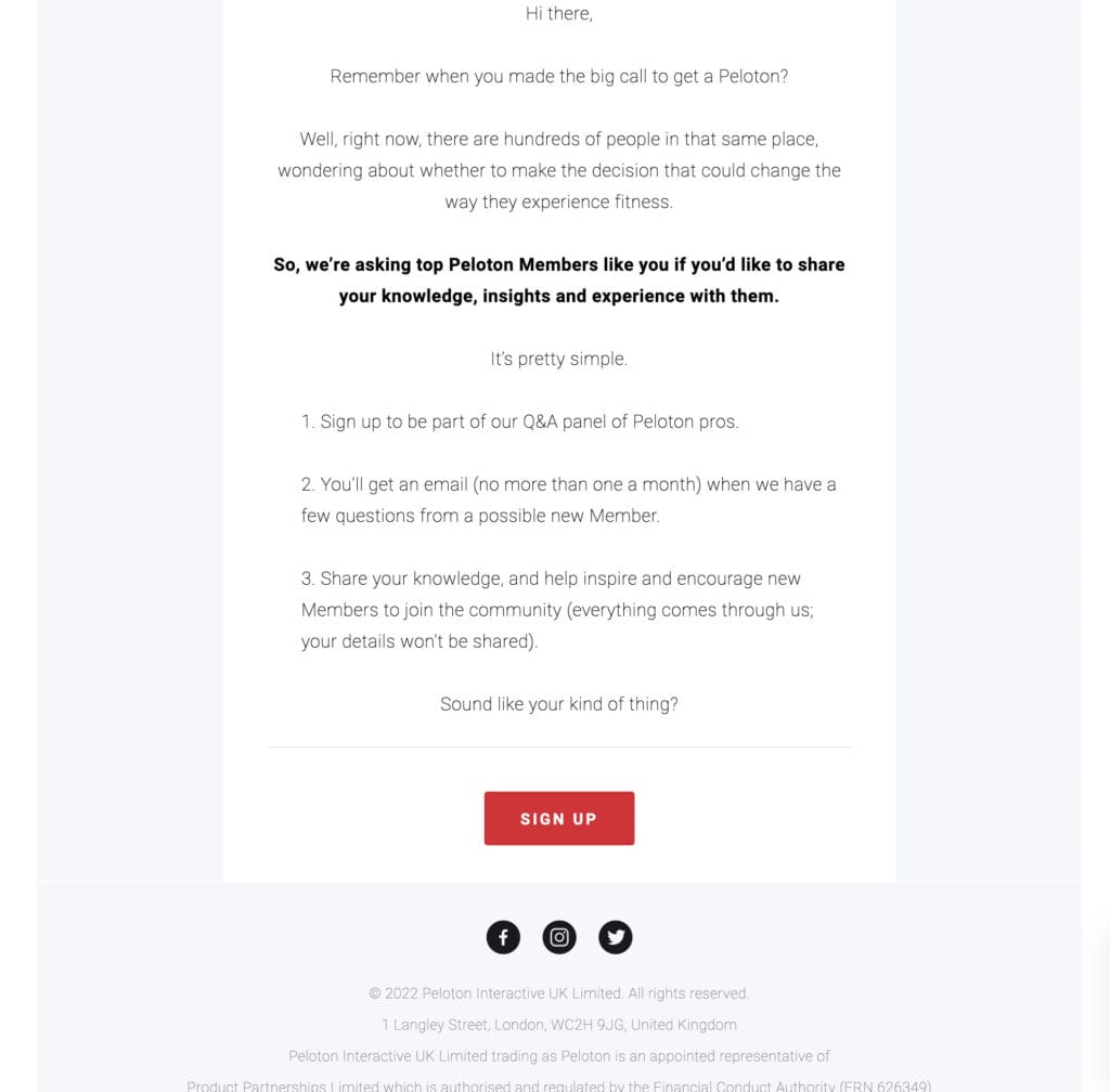 Peloton Email with invitation to sign up for Peloton Pro Q&A Panel