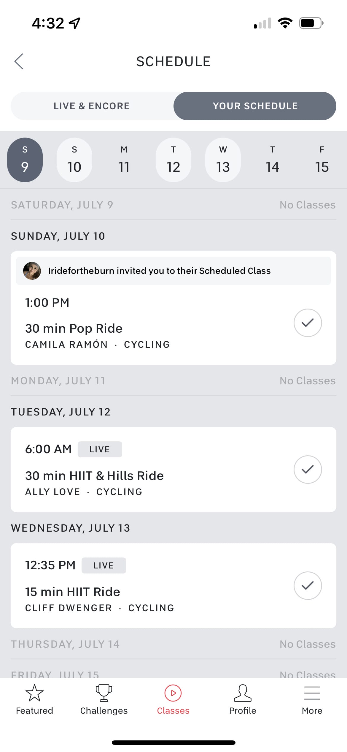 "Your" upcoming schedule showing invited classes on mobile device.