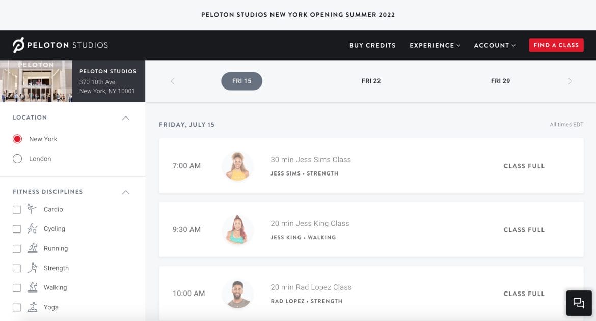 Peloton Studios booking site.