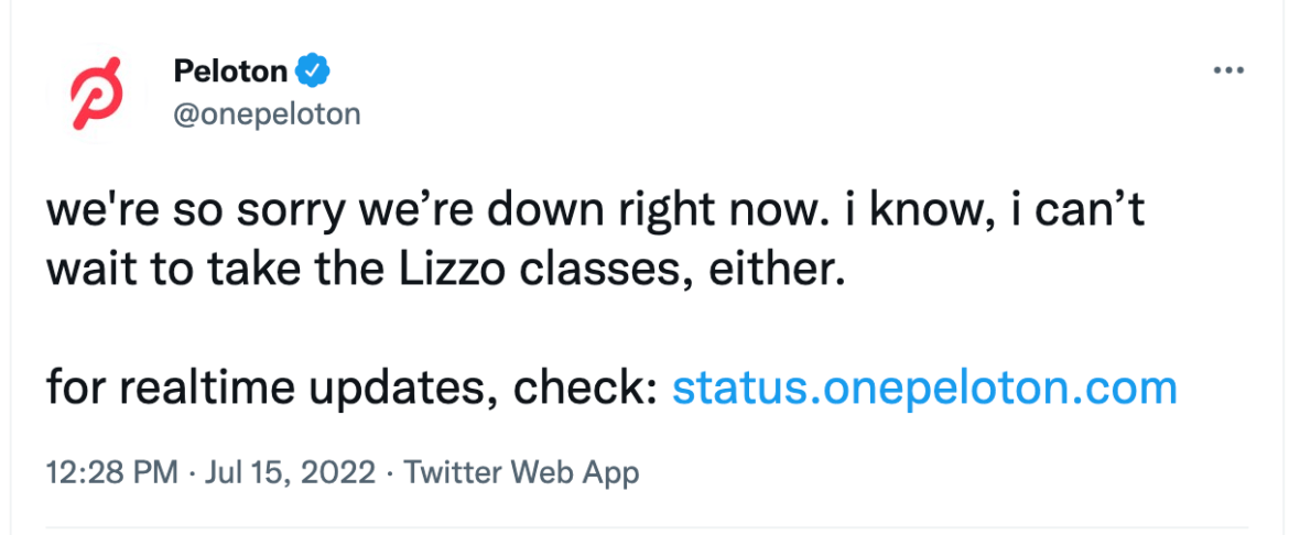 Peloton Tweet acknowledging issue post-Lizzo ride.