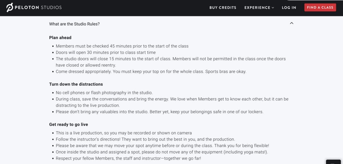 Peloton Studio Rules via FAQ page.