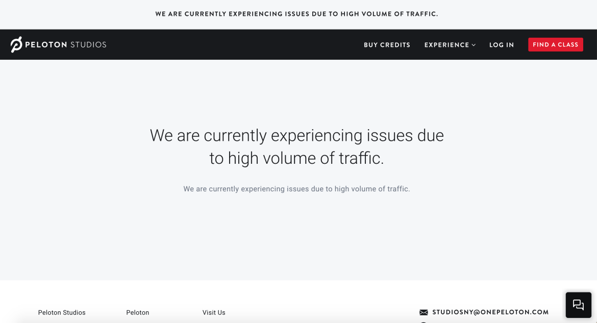 Peloton studio booking site showing error message.