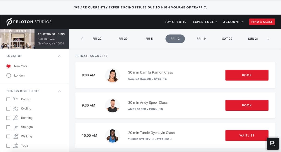Peloton Studio booking site showing live strength class with Tunde.