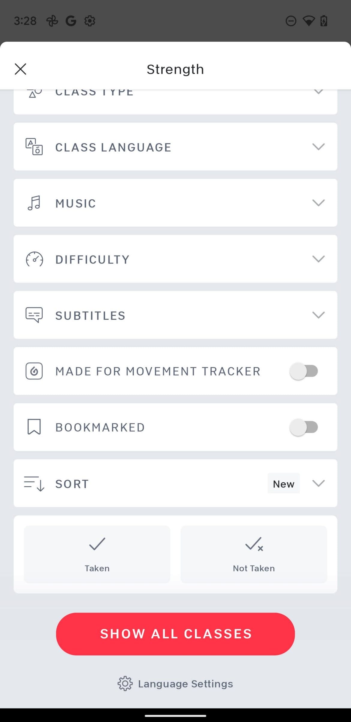 Peloton Android App filtering options that show new "Made for Movement Tracker" filter.