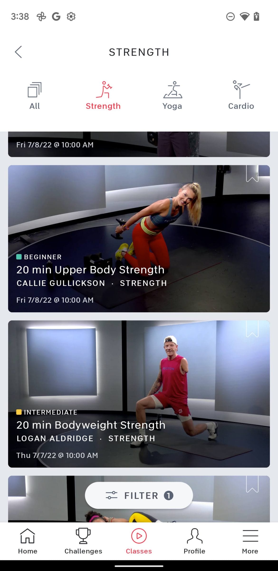 Applying "made for movement tracker" filter on Peloton Android App to show Guide-compatible strength classes.
