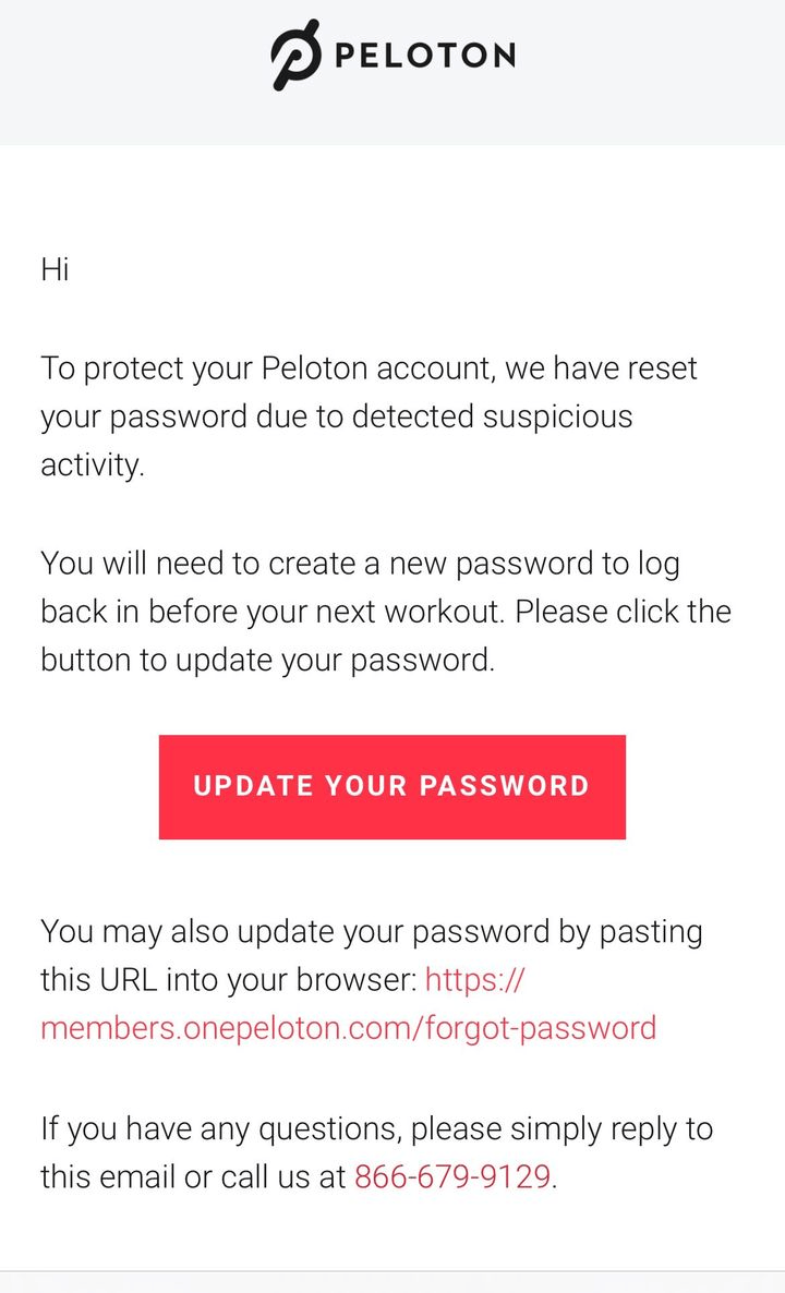 Peloton email to members requiring them to reset their passwords.