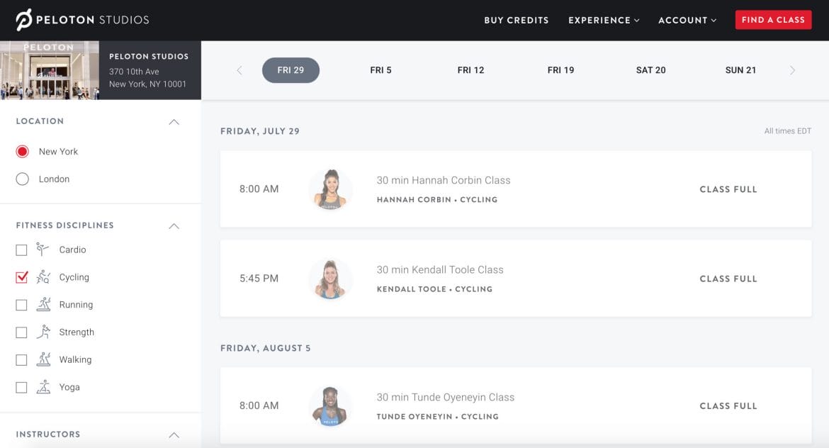 Cycling filter applied on Peloton Studios booking site.