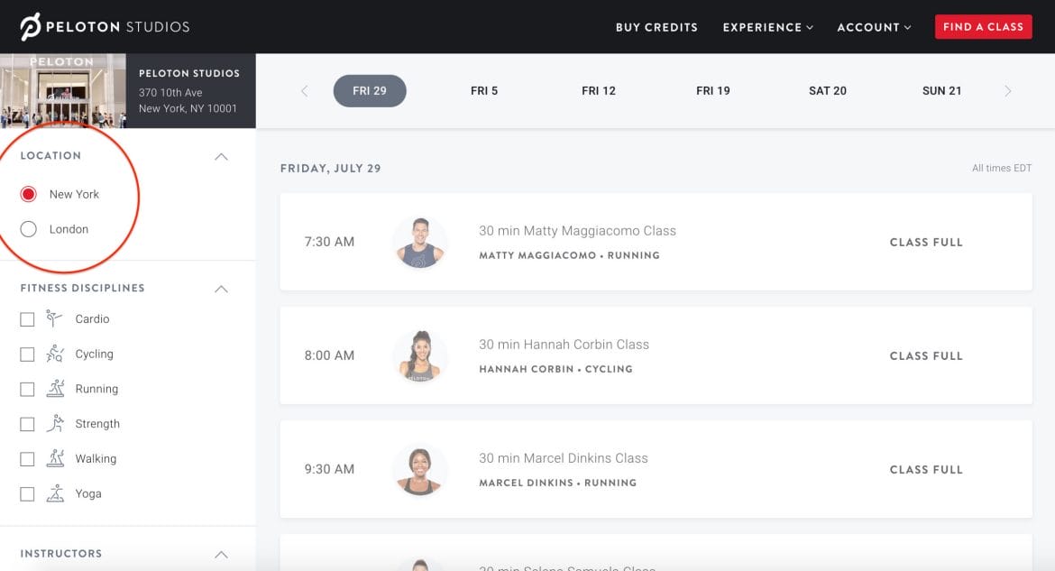 Peloton Studios booking site with location options highlighted.