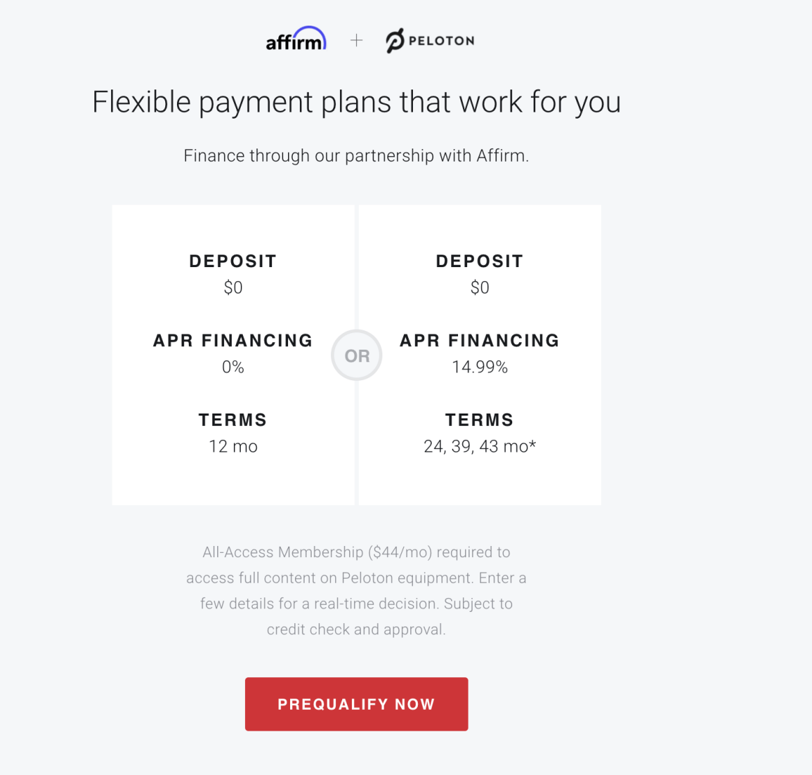 Updated Affirm financing options on Peloton's website.
