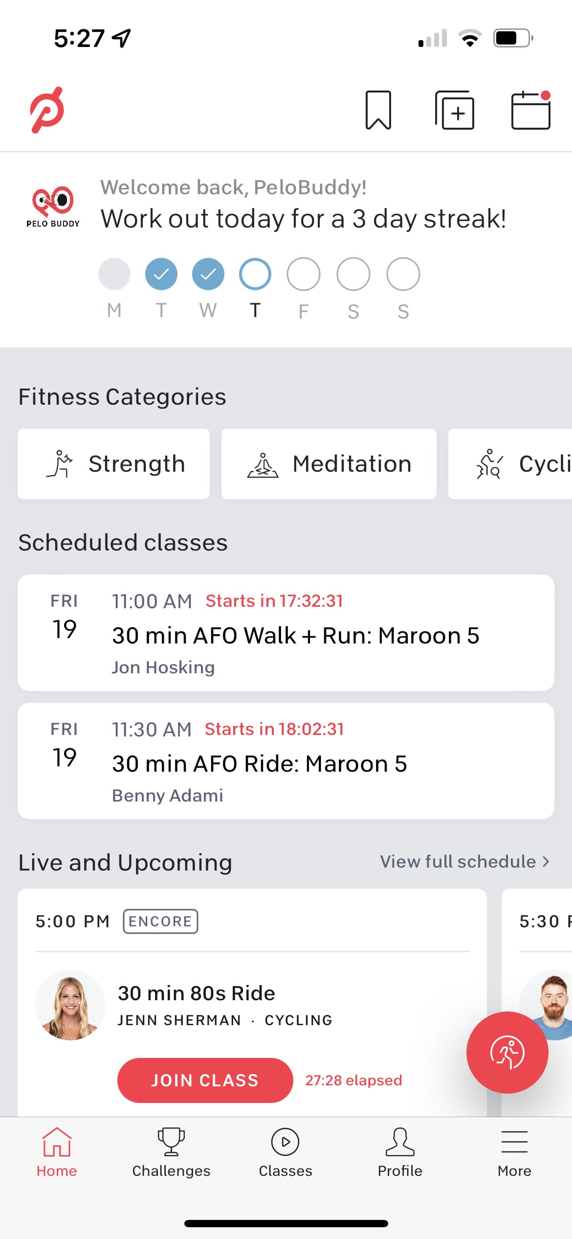 New "home" tab on Peloton iOS App.