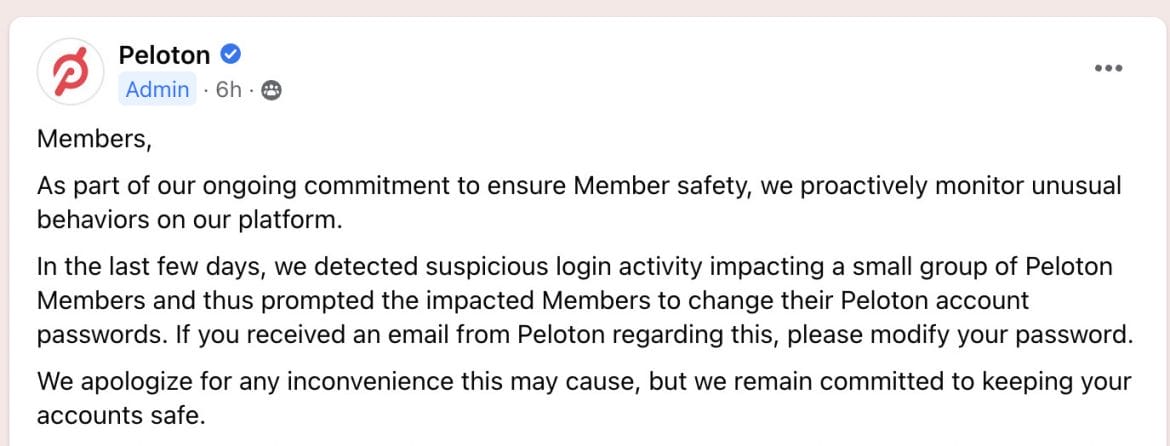 Statement from Peloton about password resets.