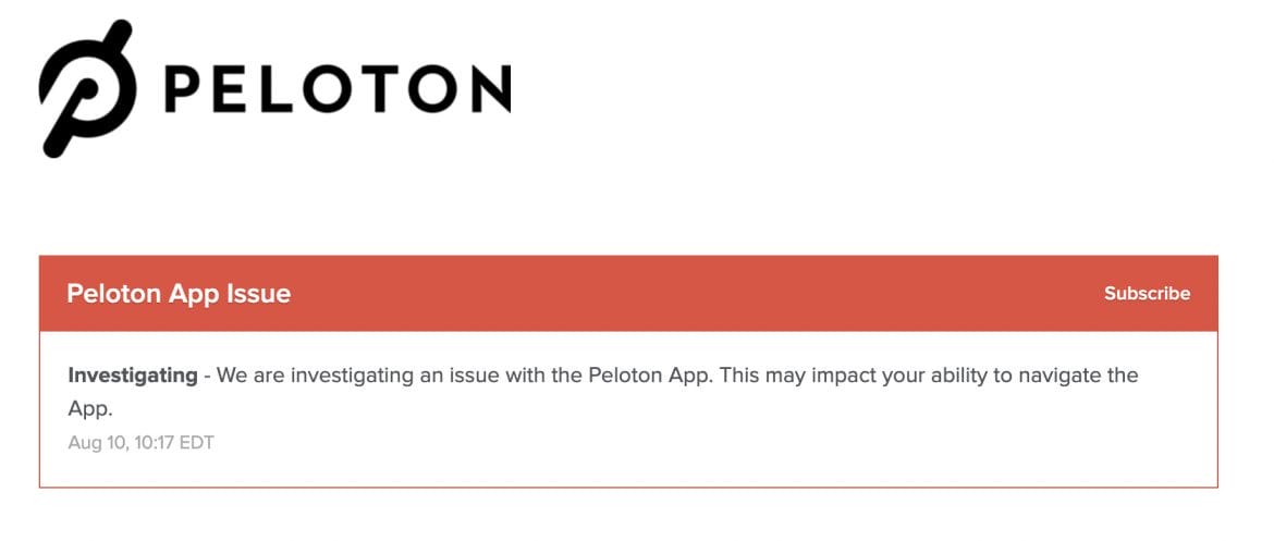 Initial outage posted by Peloton at 10:20am ET.
